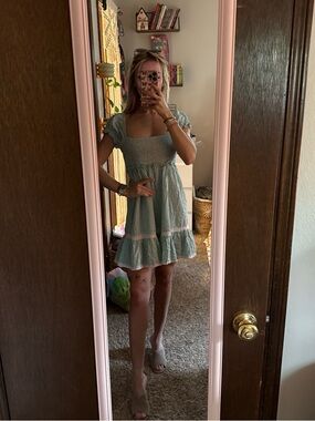 Urban Outfitters Light Green Gingham Smocked Mini Dress
